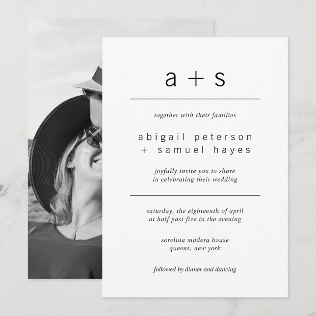 Minimalist Black and White Monogram Photo Wedding Invitation (Front/Back)