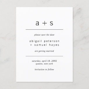 Minimalist Black and White Monogram Save the Date Announcement Postcard