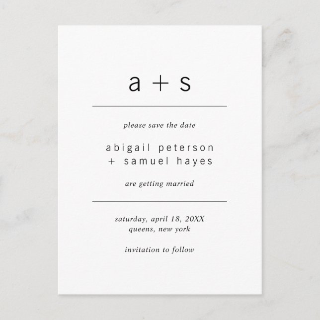 Minimalist Black and White Monogram Save the Date Announcement Postcard (Front)