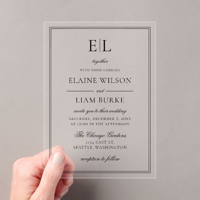 Minimalist Black and White Monogram Wedding Acrylic Invitations (Insitu (Handheld))