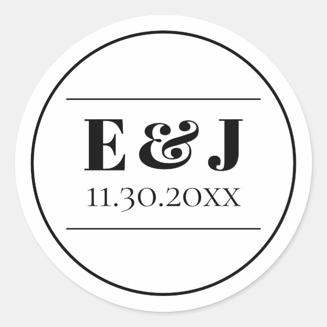 Minimalist Black and White Monogram Wedding Classic Round Sticker (Front)