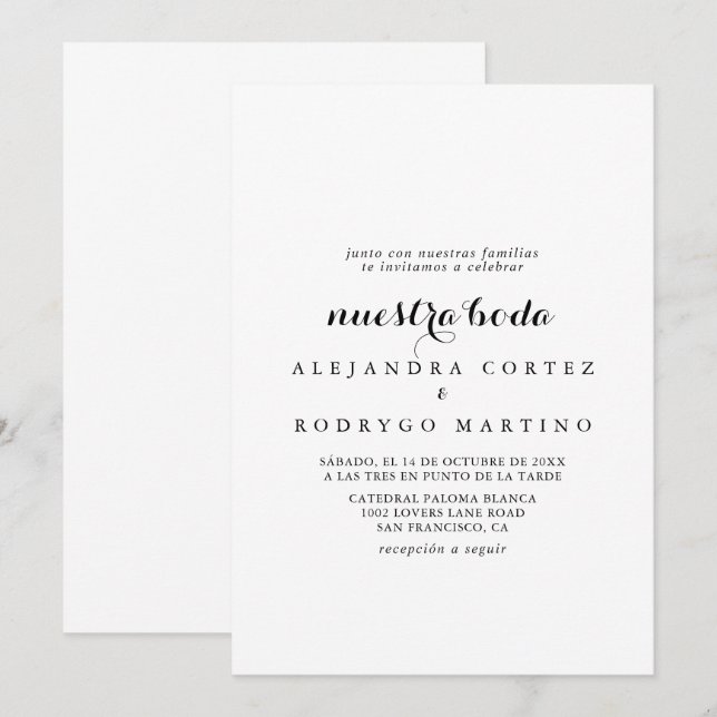 Minimalist Black and White Nuestra Boda Wedding  Invitation (Front/Back)