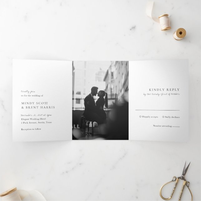 Minimalist Black and White Photo Modern Wedding Tri-Fold Invitation (Inside)