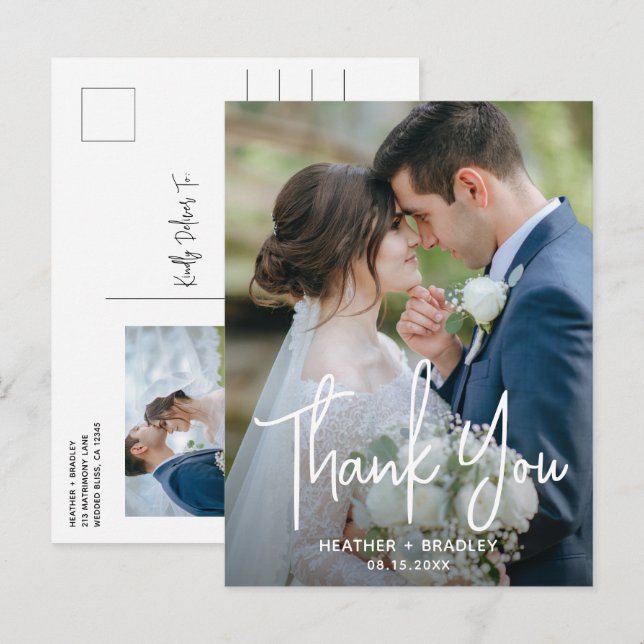 Minimalist Black and White Photo Wedding Thank You Postcard (Front/Back)