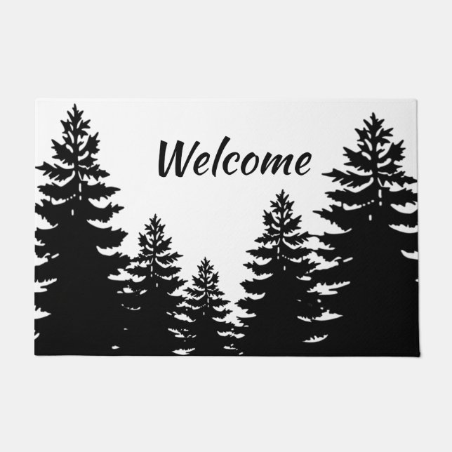 Minimalist black and white pine tree silhouette    doormat (Front)