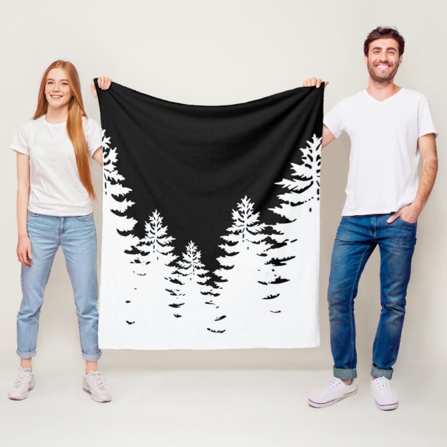 Minimalist black and white pine tree silhouette   fleece blanket (In Situ)