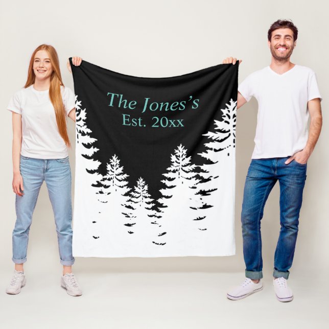 Minimalist black and white pine tree silhouette    fleece blanket (In Situ)