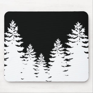 Minimalist black and white pine tree silhouette mouse mat