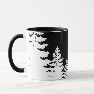 Minimalist black and white pine tree silhouette mug
