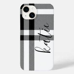 Minimalist Black and White Plaid Custom Name Case-Mate iPhone 14 Case