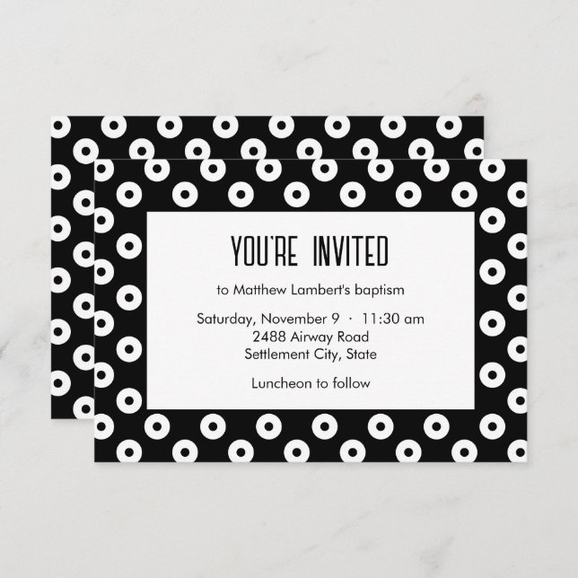 Minimalist Black and White Polka-Dot Baptism Invitation (Front/Back)