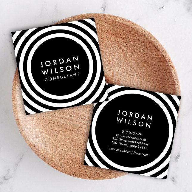 Minimalist Black and White Round Lines Geometric Square Business Card (Creator Uploaded)