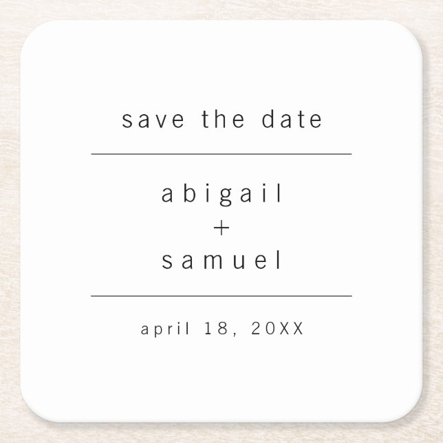 Minimalist Black and White Save the Date Square Paper Coaster (Front)