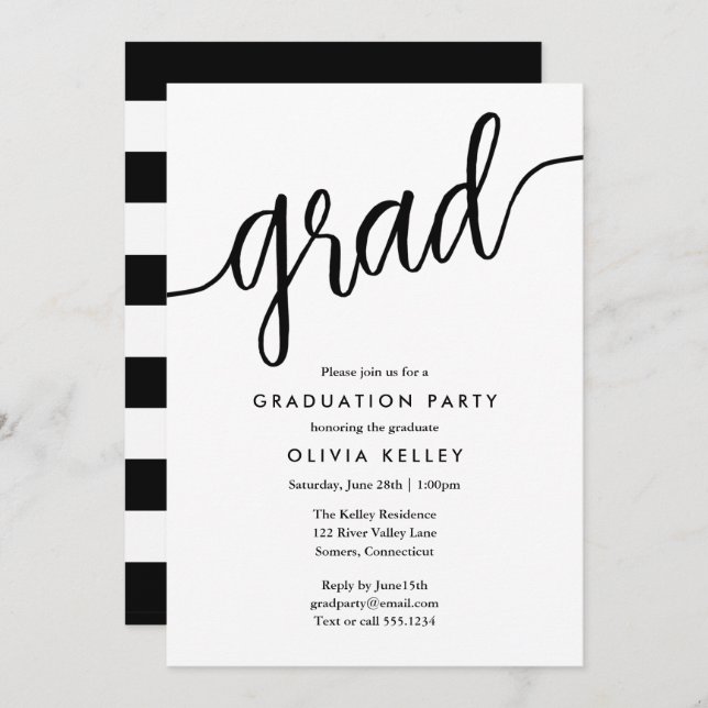 Minimalist Black and White Script Graduation Party Invitation (Front/Back)
