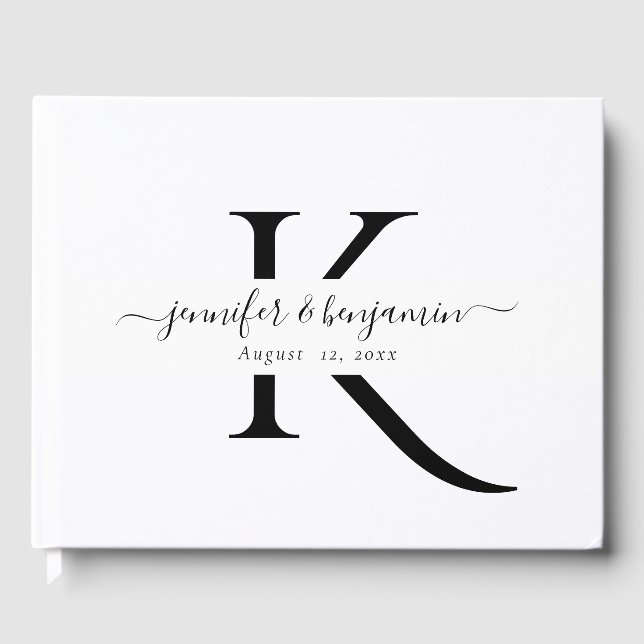 Minimalist Black and White Script Monogram Wedding Guest Book (Front)