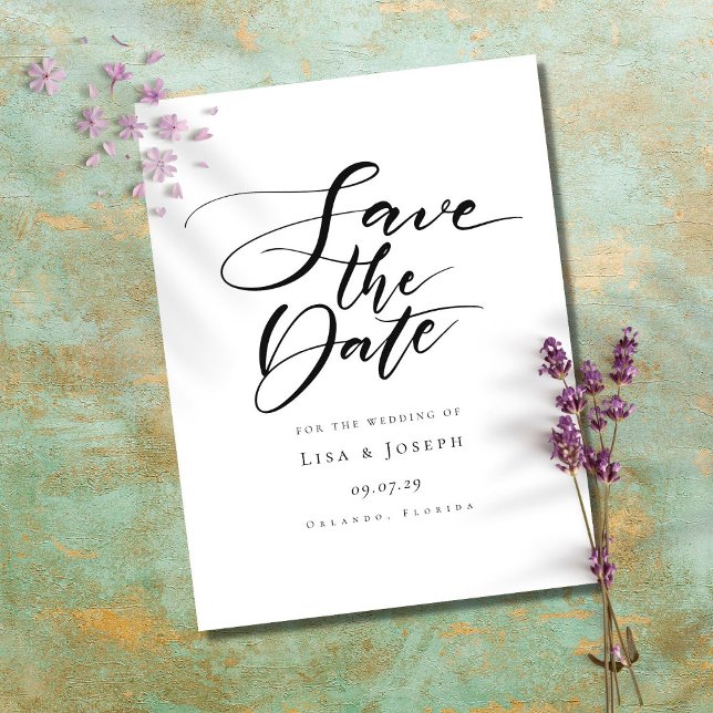 Minimalist Black and White Script Save the Date Postcard (Creator Uploaded)