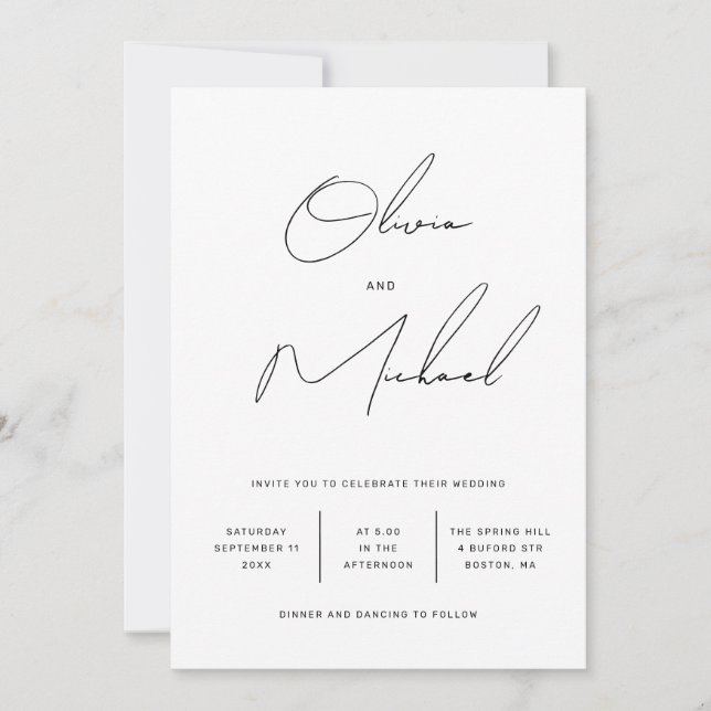 Minimalist Black and White Script Wedding + QR Invitation (Front)
