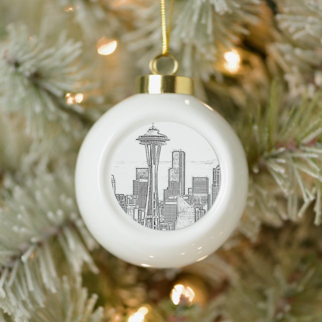 Minimalist Black and White Seattle Skyline Ceramic Ball Christmas Ornament (Tree)