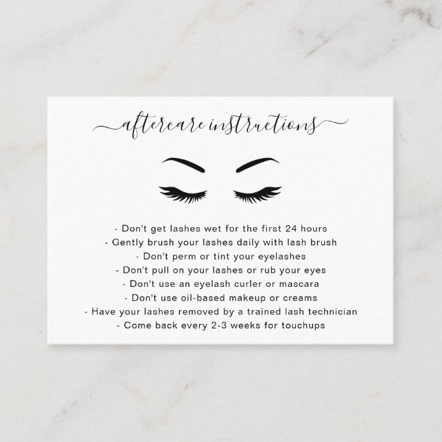 Minimalist Black and White Simple Lashes Aftercare Business Card (Front)