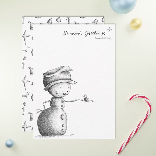 Minimalist black and white snowman with bird holiday card (Black & White Snowman and Bird Pencil Drawing Season's Greetings Christmas Holiday Flat Card)