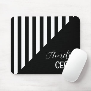 Minimalist Black and White Split Geometric Stripe Mouse Mat