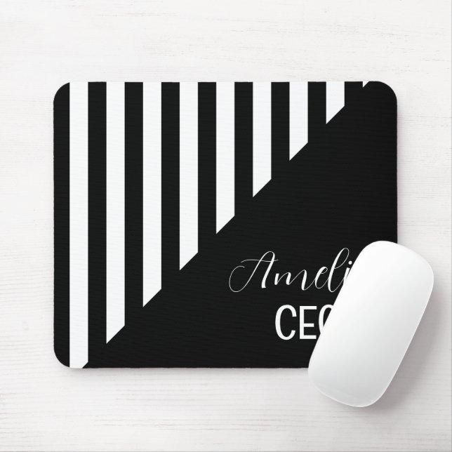 Minimalist Black and White Split Geometric Stripe Mouse Mat (With Mouse)