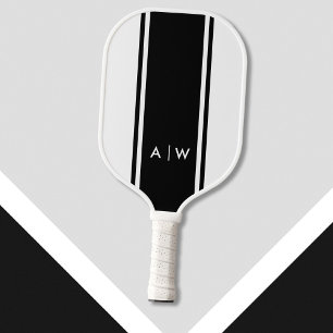 Minimalist Black and White Stripe Modern Monogram Pickleball Paddle