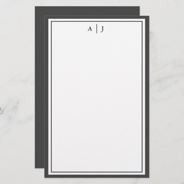 Minimalist Black and White Two Border Monogram Stationery (Front/Back)