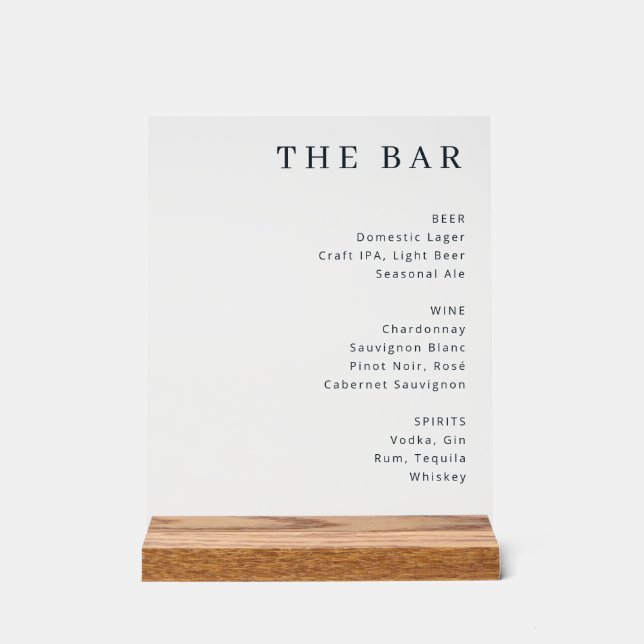 Minimalist Black and White Typographic Bar Menu Acrylic Sign (Front)