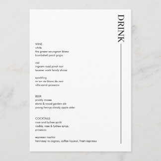 Minimalist Black and White Wedding Drinks 5x7 Menu