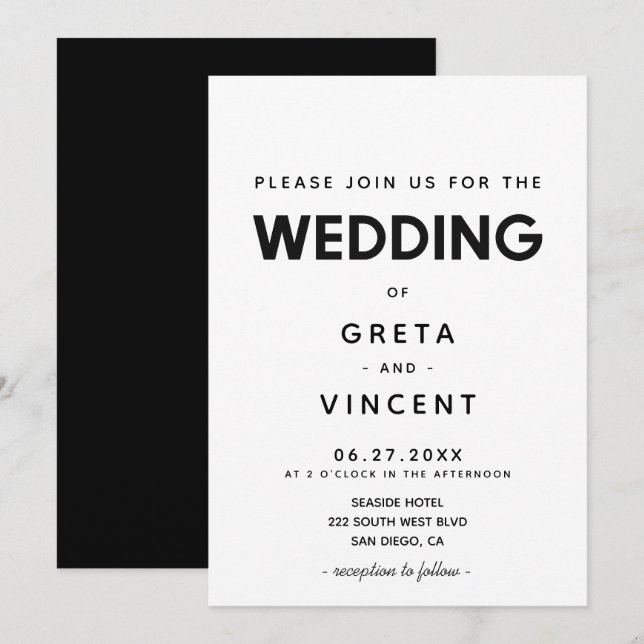 Minimalist Black and white wedding invitation (Front/Back)