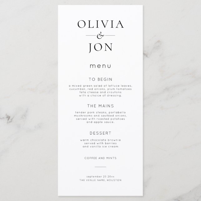 Minimalist Black and White Wedding  Menu (Front)