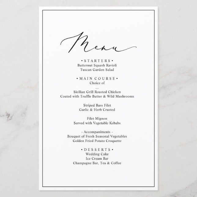 Minimalist Black and White Wedding Menu Card (Front)