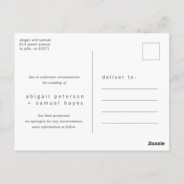 Minimalist Black and White Wedding Postponement Postcard (Back)
