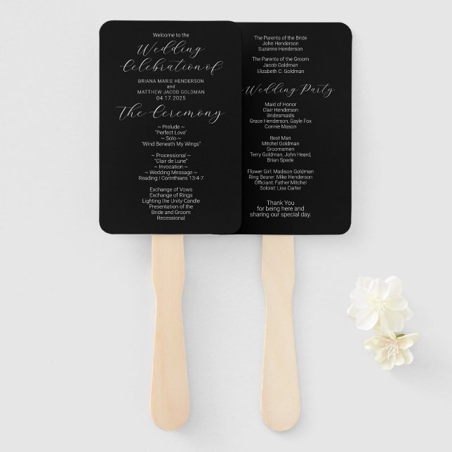 Minimalist Black and White Wedding Program Hand Fan (Front and Back)