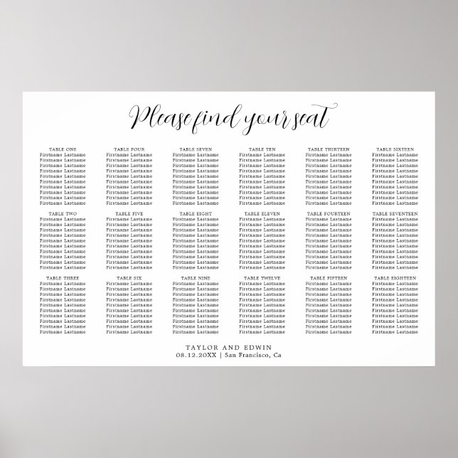 Minimalist Black and White Wedding Seating Chart (Front)
