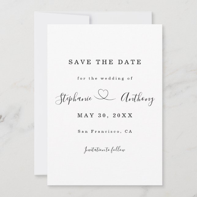 Minimalist Black and White With a Heart Wedding  Save The Date (Front)