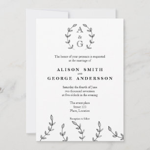 Minimalist Black And White Wreath Monogram Wedding Invitation