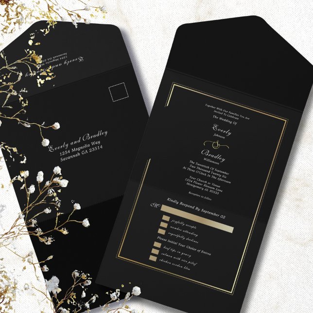 Minimalist Black Background Gold Frame Wedding All In One Invitation (Creator Uploaded)