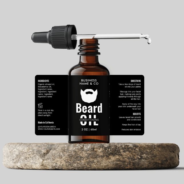 Minimalist Black Beard Oil Dropper Bottle Label (Modern black and white masculine label design for 2 OZ beard oil cosmetic bottles *verify size)