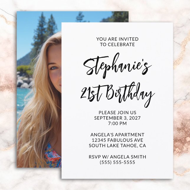 Minimalist Black Bold Script Photo 21st Birthday Invitation (Minimalist Black Bold Script Photo 21st Birthday Invitation)
