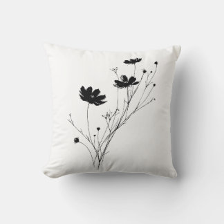 Minimalist Black Botanical Wildflower Throw Pillow