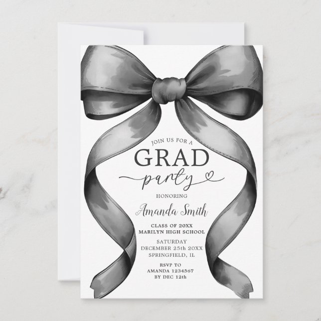 Minimalist Black Bow Graduation Party Ribbon Invitation (Front)