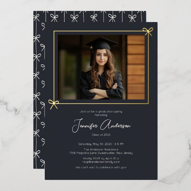 Minimalist Black Bow Photo Graduation Party (Front/Back)