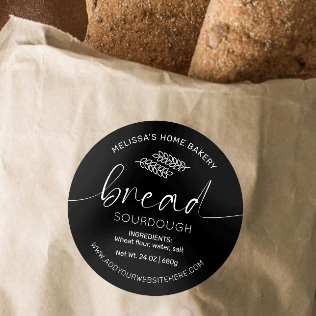 Minimalist Black Bread Labels Chic Baker Packaging (Elegant black bread packaging labels with handwritten font and space for your bakery name)