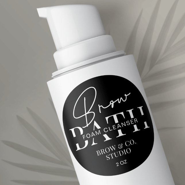 Minimalist Black Brow Bath Cleanser Packaging Classic Round Sticker (Modern black and white brow bath bottle labels with space for your brand name)