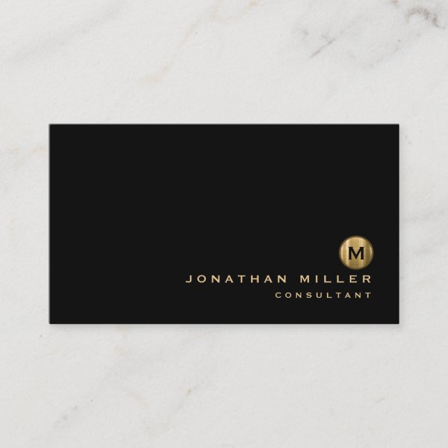 Minimalist Black Brushed Gold Monogram Business Card (Front)