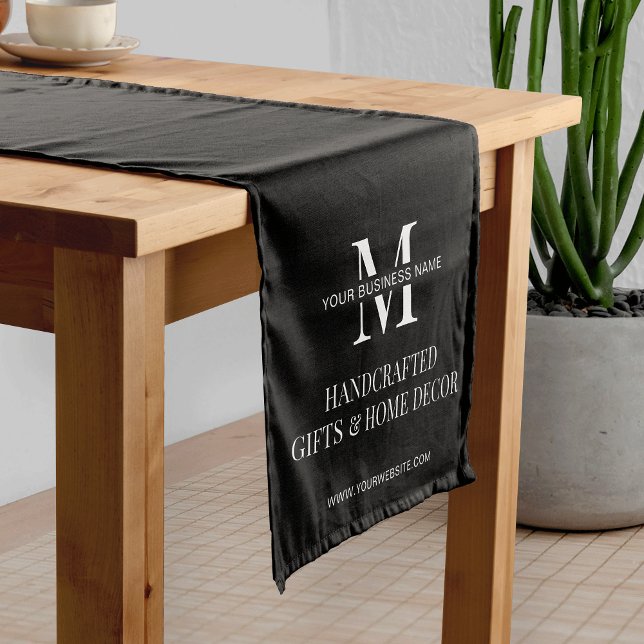 Minimalist Black Business Logo Branded Promotional Short Table Runner (Minimalist black branded table runner for business with your monogram or logo and custom text)