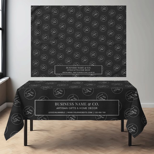 Minimalist Black Business Logo Company Trade Show Tablecloth (Minimalist black business  branded tablecloth with custom text & logo *this mockup is Ai generated)