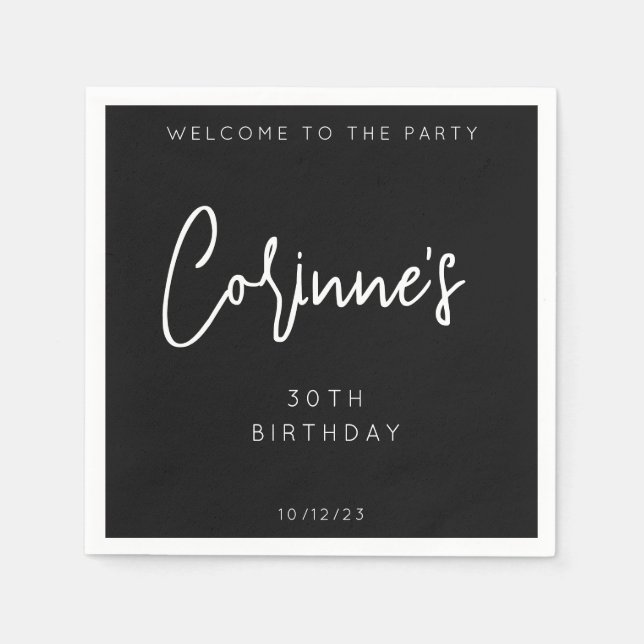 Minimalist Black Calligraphic 30th Birthday Party Napkin (Front)